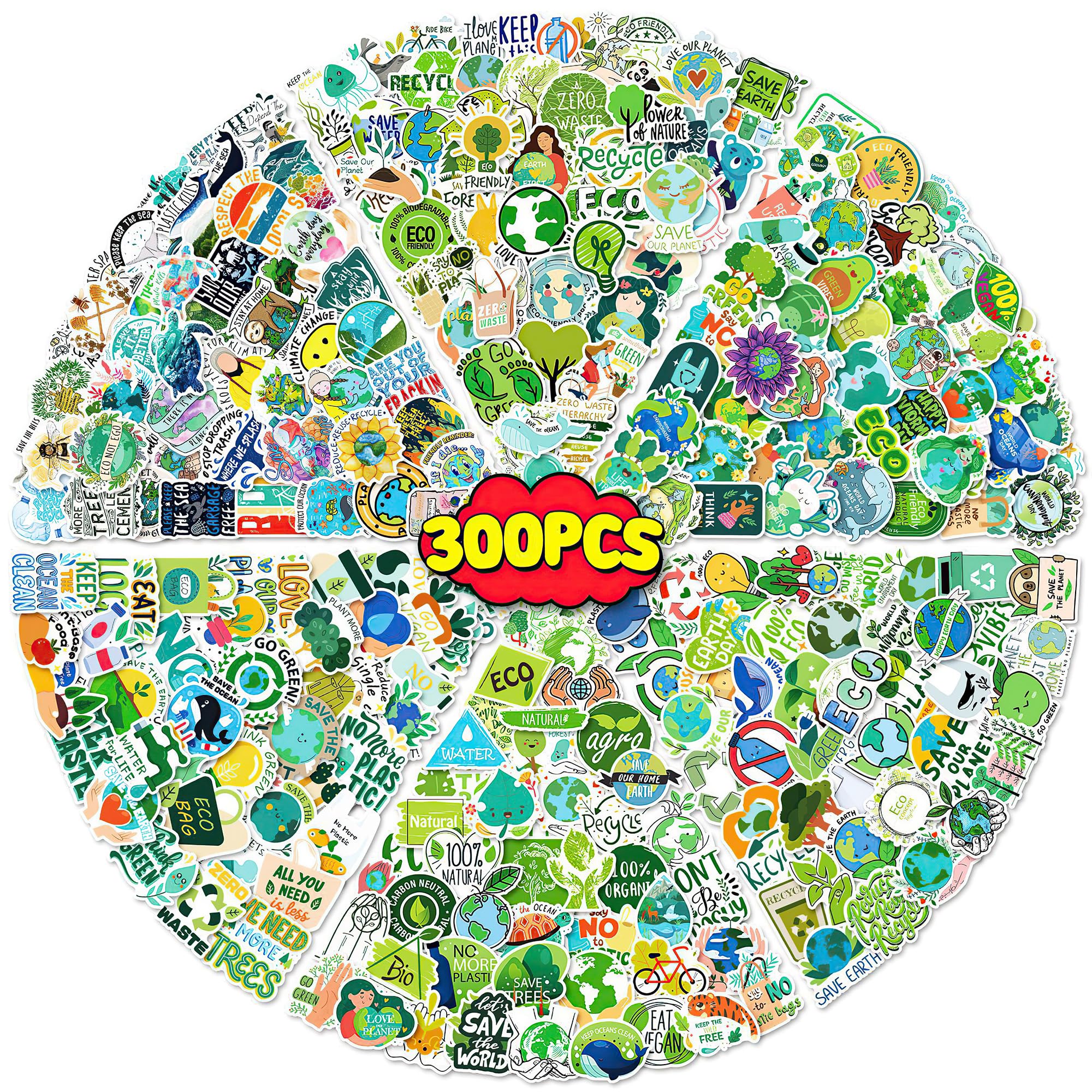 GTOTd 300 Pack Earth Day Vinyl Stickers - Waterproof Nature Decals for Laptops, Water Bottles, and More