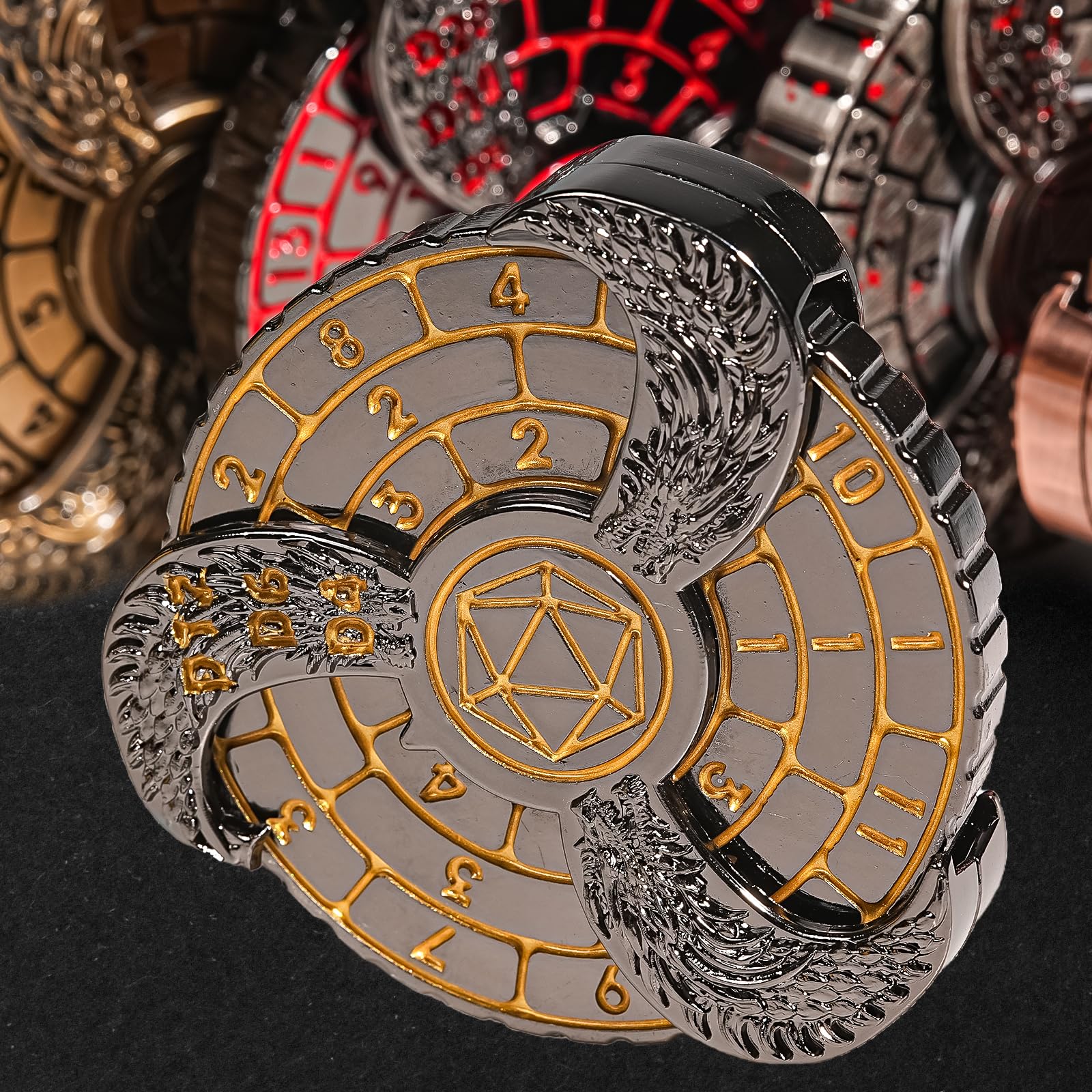 GU BEI TE Metal DND Spinner Dice Set – Fingertip Gyroscope with Dragon Carving, Includes D20 D10 D8 D12 D6 D4, Gift Box for RPG Games