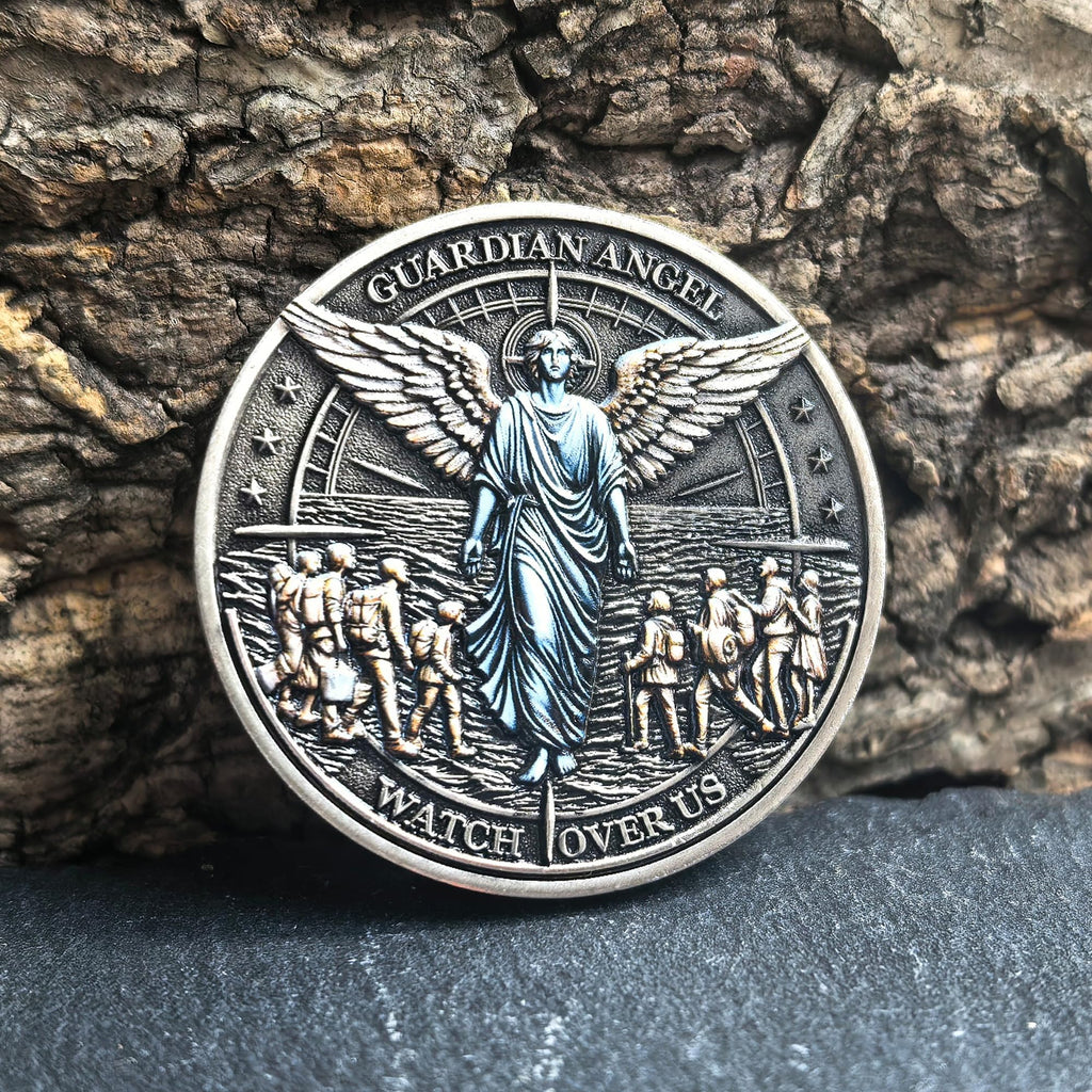 Guardian Angel Traveler's Prayer Challenge Coin – Silver Finish with Protective Case