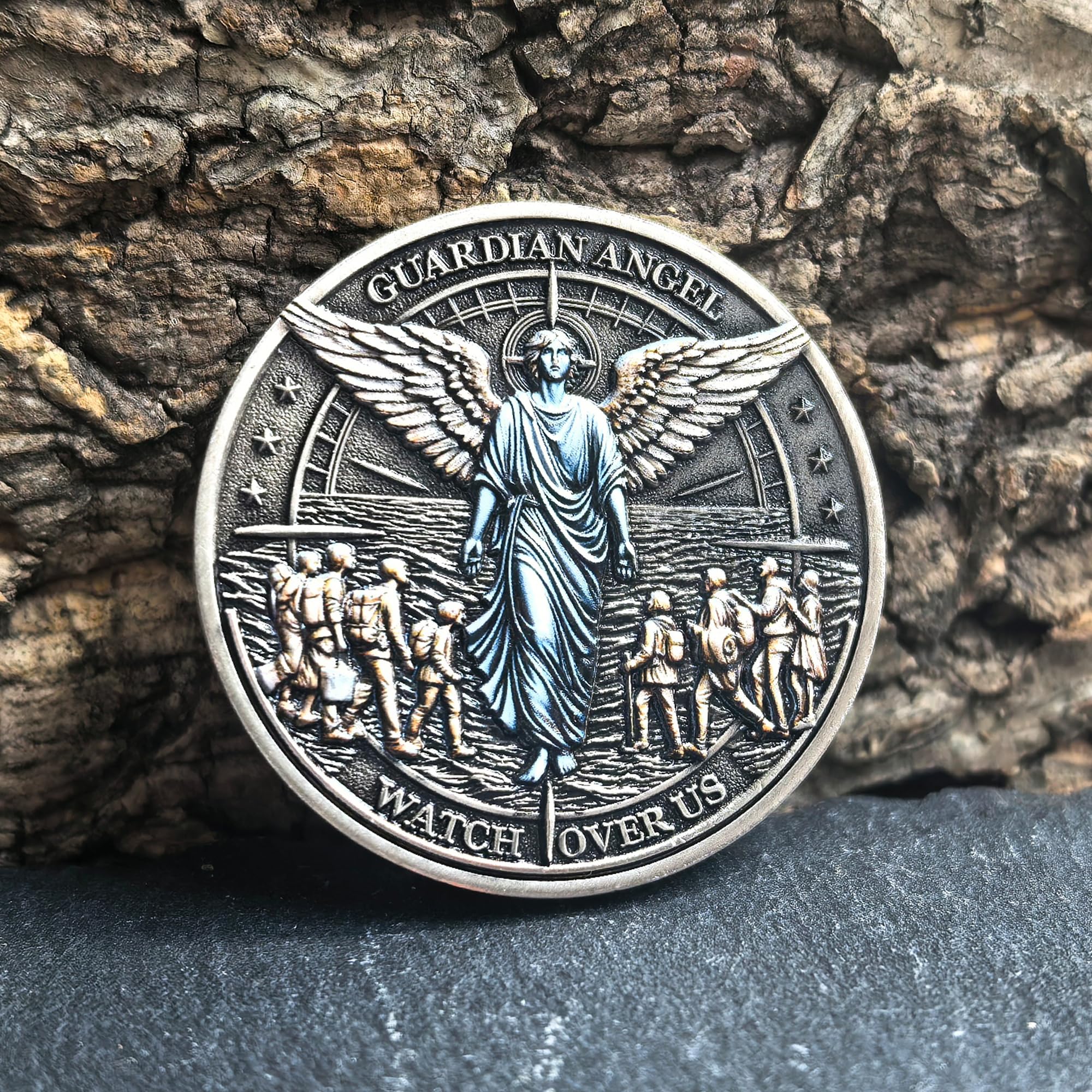 Guardian Angel Traveler's Prayer Challenge Coin – Silver Finish with Protective Case