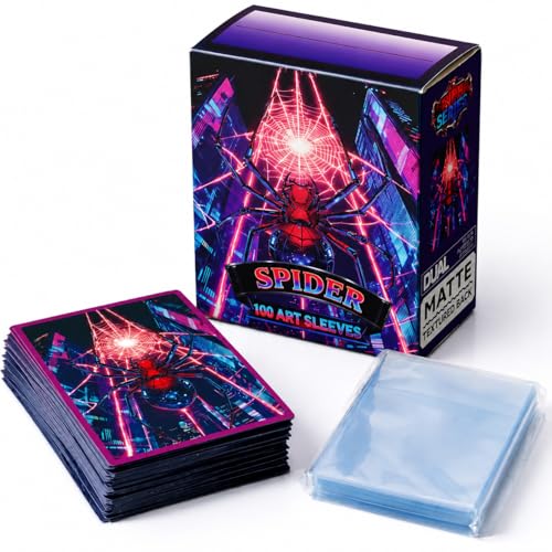 GuarditechProX Double Sleeve Bundle – Spider Design: 100 Matte Art Sleeves & 100 Tight Fit Inner Sleeves, Acid-Free Standard Size Card Protectors with Storage Box for MTG, Pokemon, TCG