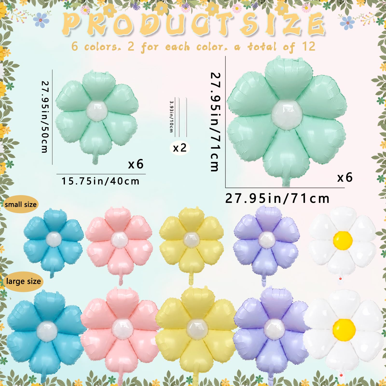 GuassLee 12-Pack Colorful Daisy Foil Balloons - 28" and 15.7" Flower Balloons for Groovy Party Decor