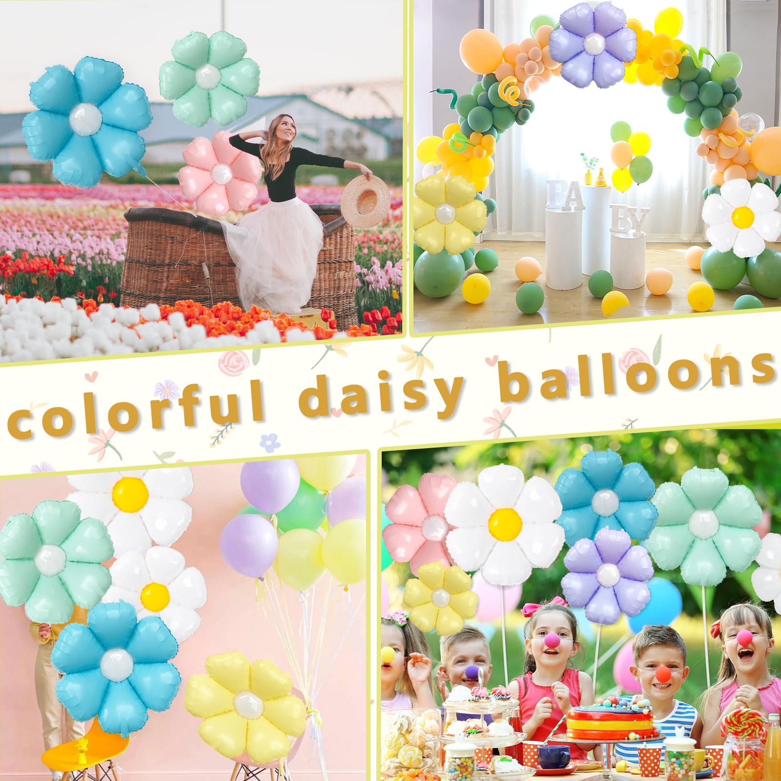 GuassLee 12-Pack Colorful Daisy Foil Balloons - 28" and 15.7" Flower Balloons for Groovy Party Decor