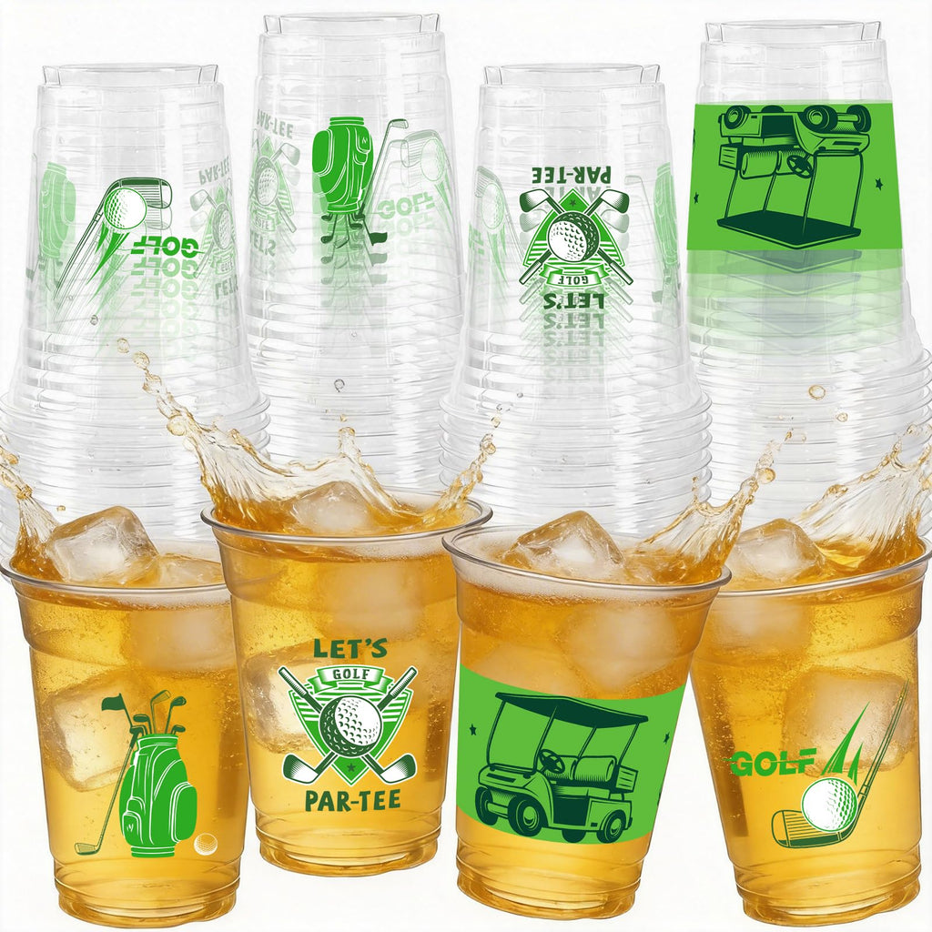 GuassLee 50-Pack Clear Plastic Golf Party Cups – 12oz Disposable Cups with Golf Ball, Bag & Cart Designs for Birthday, Bachelor & Masters Themed Events