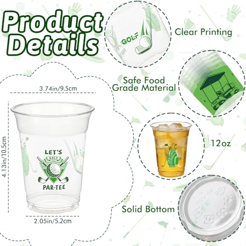 GuassLee 50-Pack Clear Plastic Golf Party Cups – 12oz Disposable Cups with Golf Ball, Bag & Cart Designs for Birthday, Bachelor & Masters Themed Events
