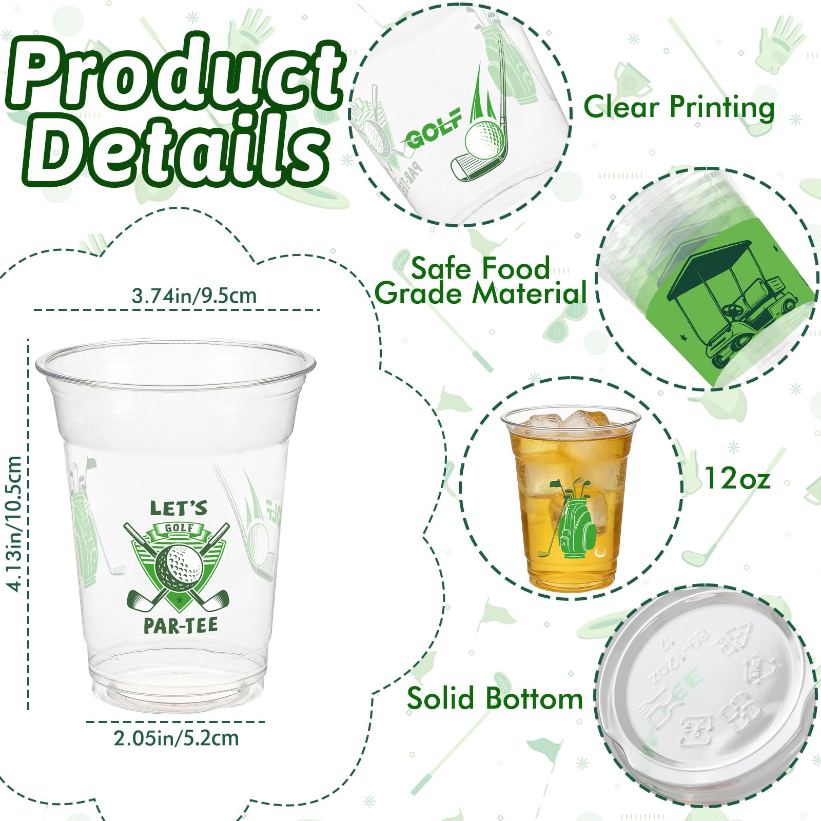 GuassLee 50-Pack Clear Plastic Golf Party Cups – 12oz Disposable Cups with Golf Ball, Bag & Cart Designs for Birthday, Bachelor & Masters Themed Events