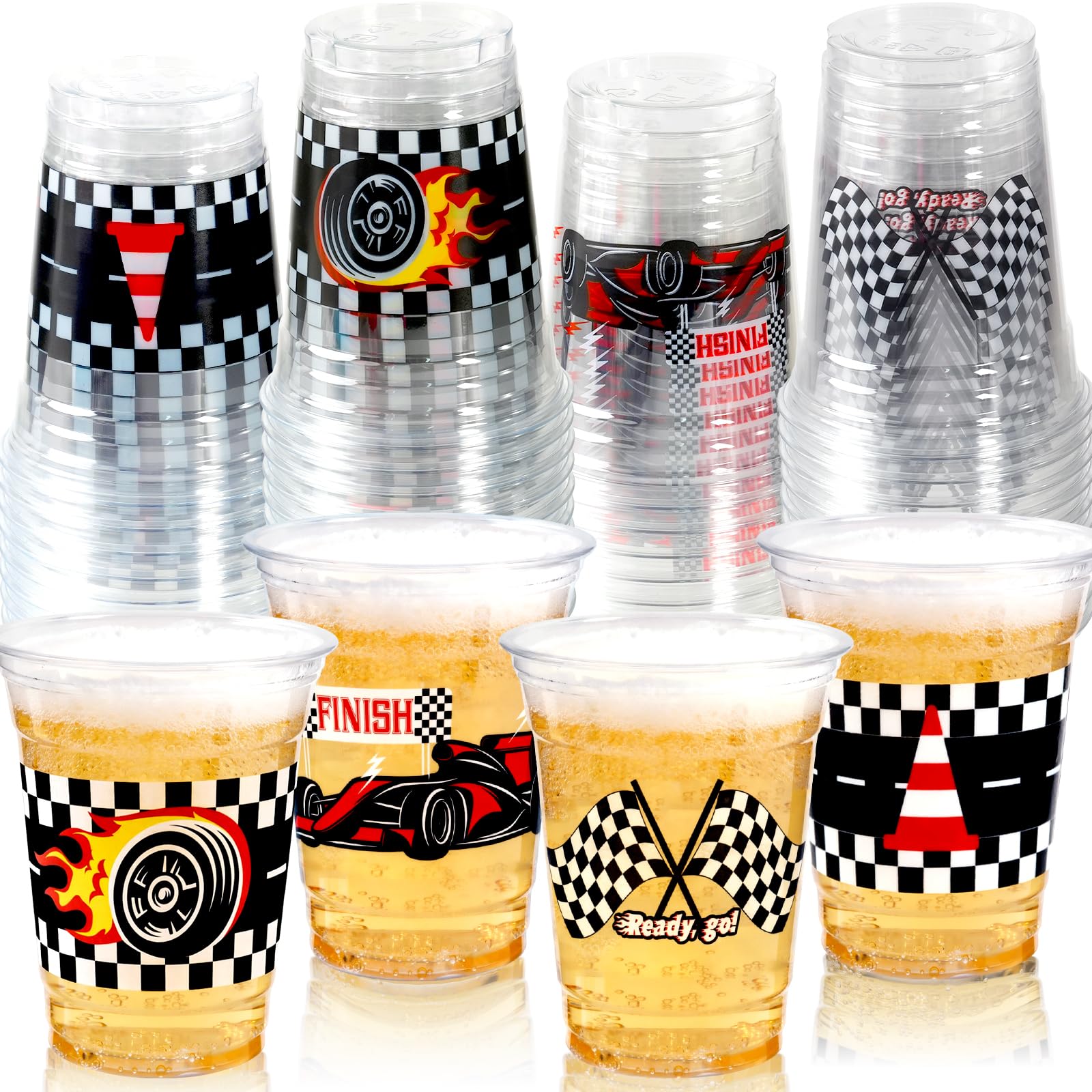 GuassLee 50 Race Car Birthday Party Cups - 12oz Plastic Cups with Checkered Flag and Racing Patterns for Boys' Birthday Party Supplies