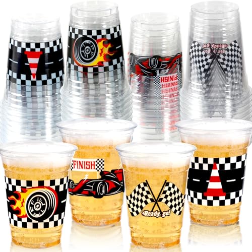 GuassLee 50 Race Car Birthday Party Cups - 12oz Plastic Cups with Checkered Flag and Racing Patterns for Boys' Birthday Party Supplies