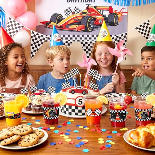 GuassLee 50 Race Car Birthday Party Cups - 12oz Plastic Cups with Checkered Flag and Racing Patterns for Boys' Birthday Party Supplies