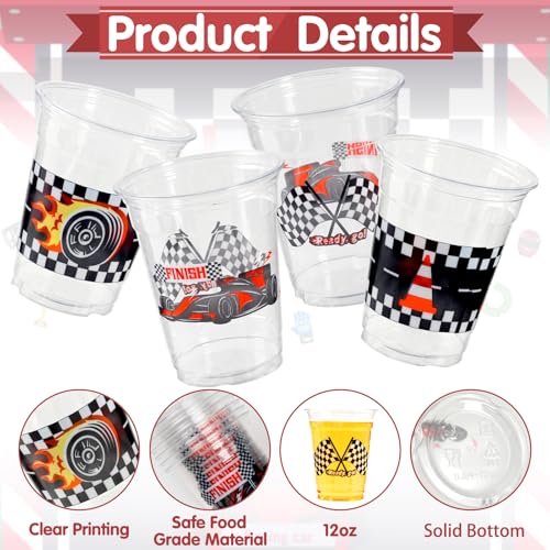 GuassLee 50 Race Car Birthday Party Cups - 12oz Plastic Cups with Checkered Flag and Racing Patterns for Boys' Birthday Party Supplies