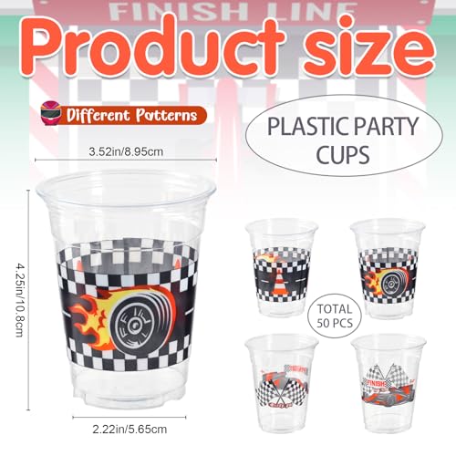 GuassLee 50 Race Car Birthday Party Cups - 12oz Plastic Cups with Checkered Flag and Racing Patterns for Boys' Birthday Party Supplies