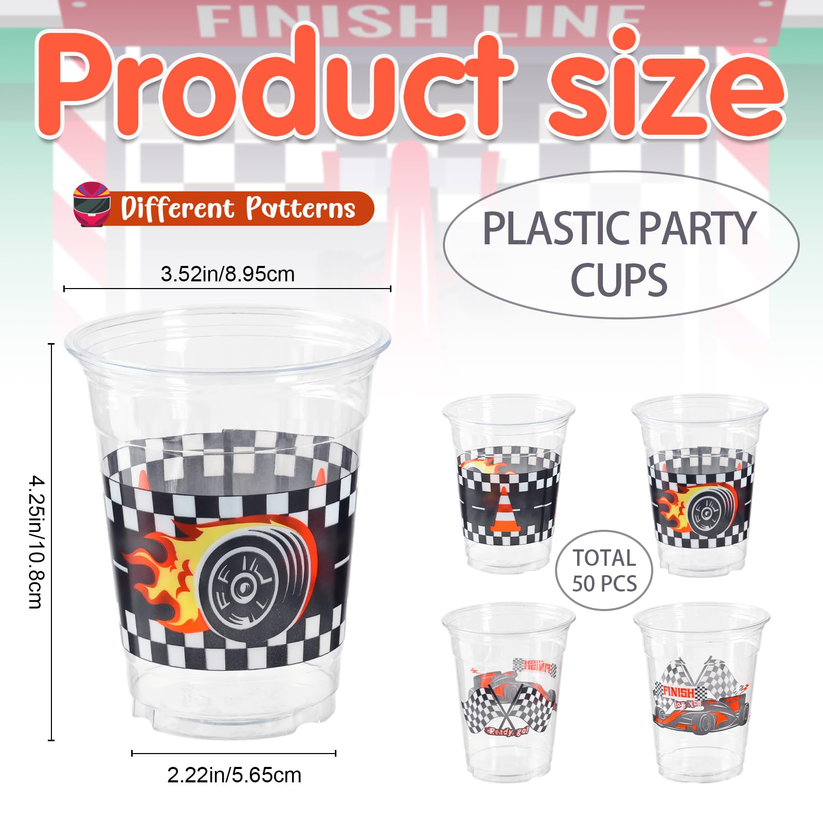 GuassLee 50 Race Car Birthday Party Cups - 12oz Plastic Cups with Checkered Flag and Racing Patterns for Boys' Birthday Party Supplies