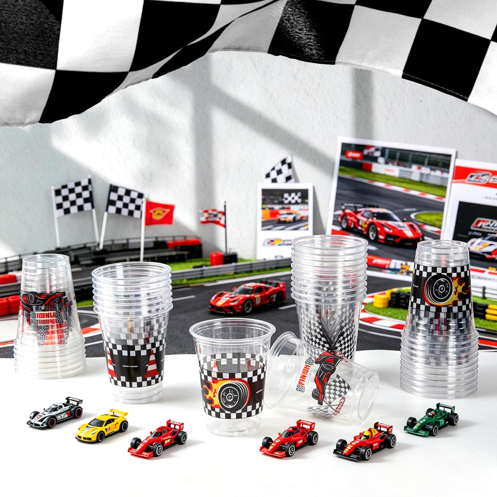 GuassLee 50 Race Car Birthday Party Cups - 12oz Plastic Cups with Checkered Flag and Racing Patterns for Boys' Birthday Party Supplies