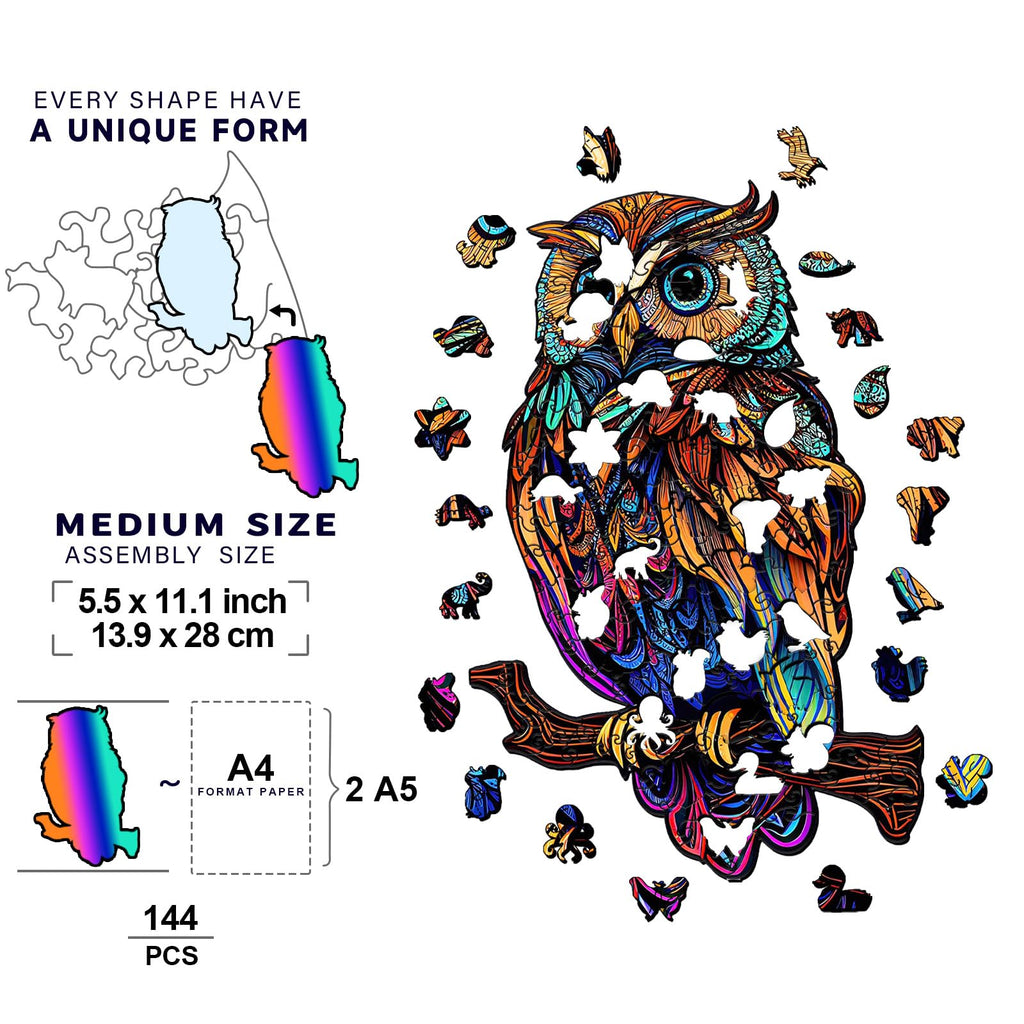 GuDoQi Wooden Owl Puzzle – 150 Piece Unique Shape Animal Jigsaw for Adults