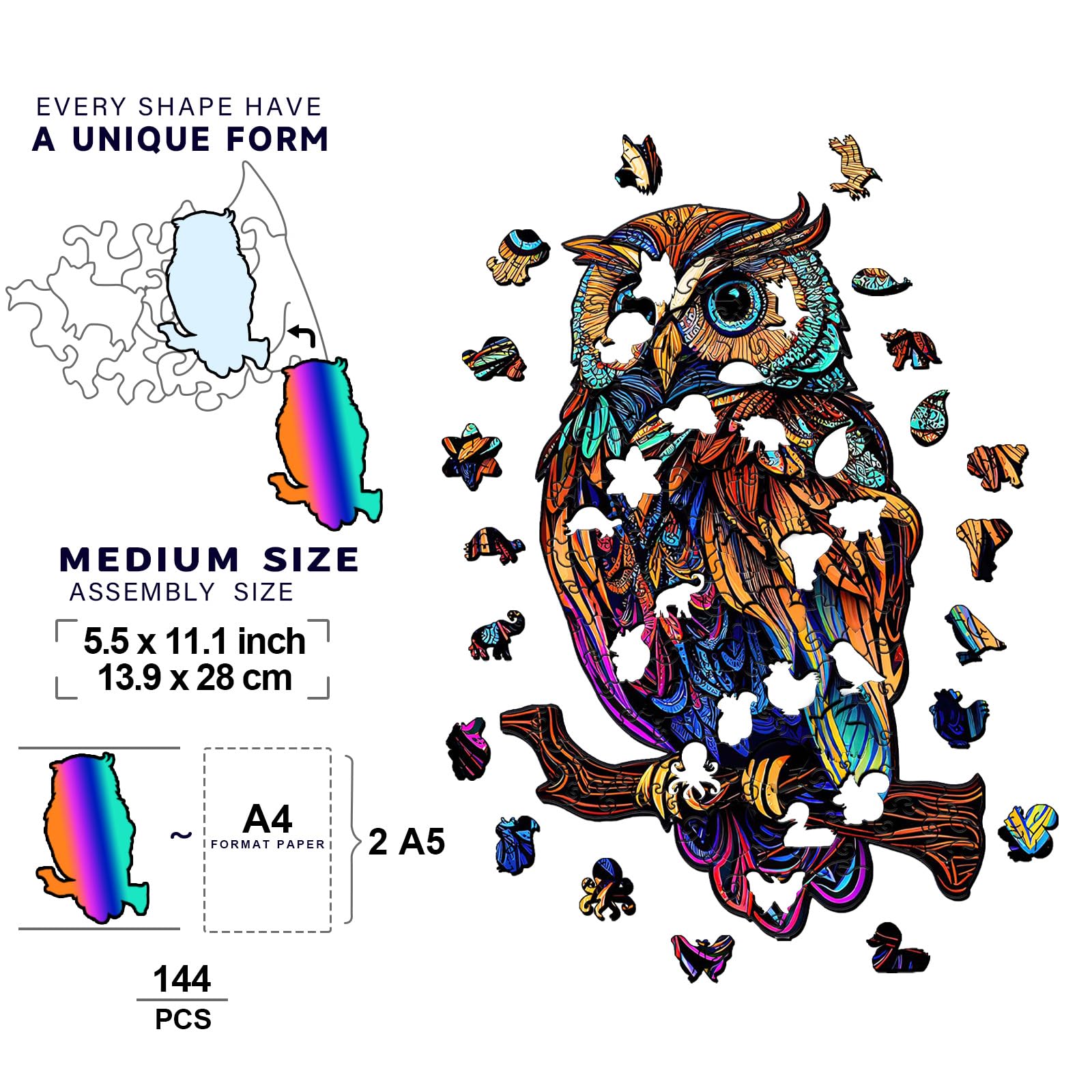 GuDoQi Wooden Owl Puzzle – 150 Piece Unique Shape Animal Jigsaw for Adults