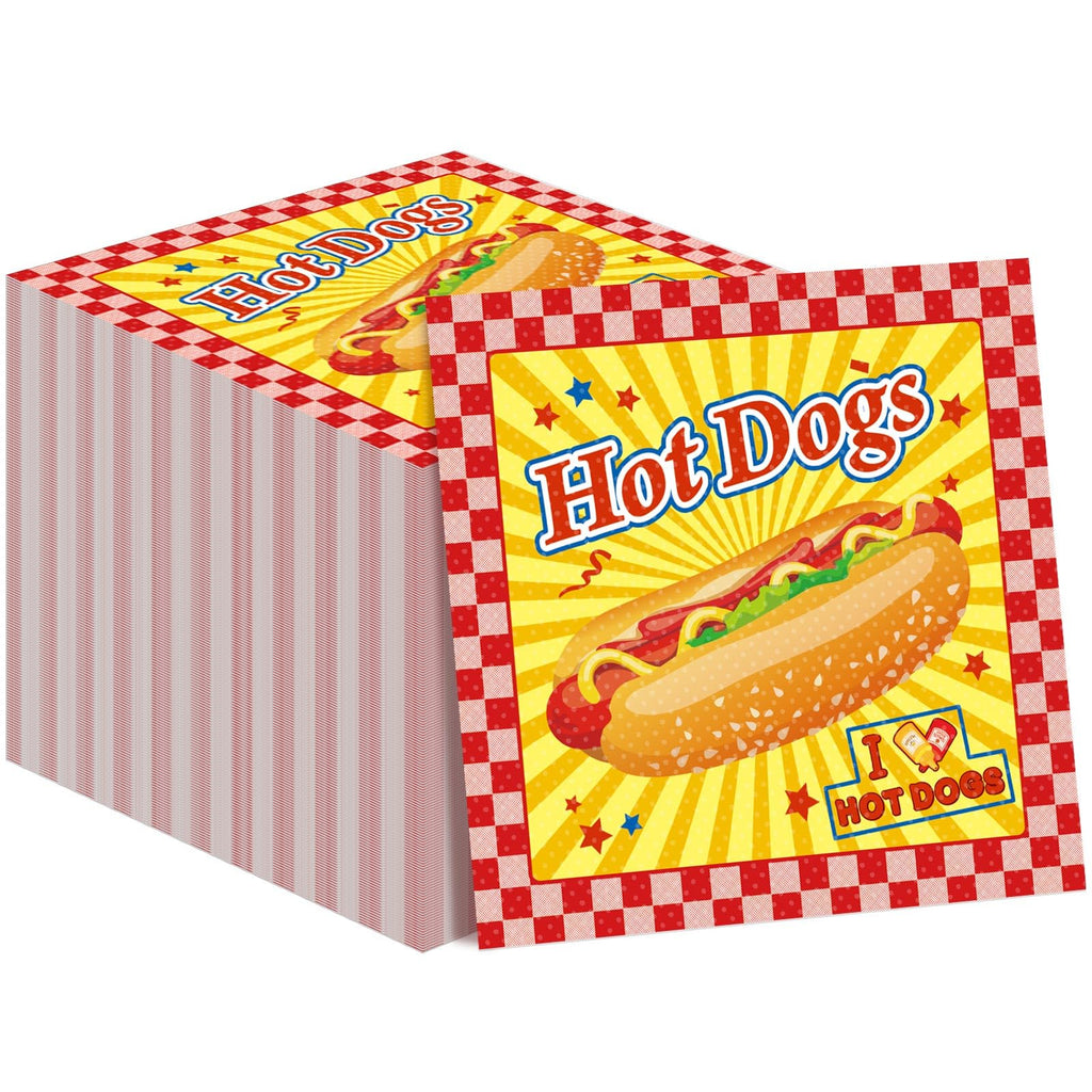 Gueevin 100 Pack Hot Dog Napkins – 13x13 Inches, Food-Grade Paper, Retro American Theme for Birthday BBQ Picnic