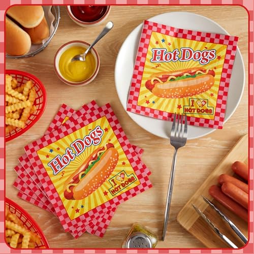 Gueevin 100 Pack Hot Dog Napkins – 13x13 Inches, Food-Grade Paper, Retro American Theme for Birthday BBQ Picnic