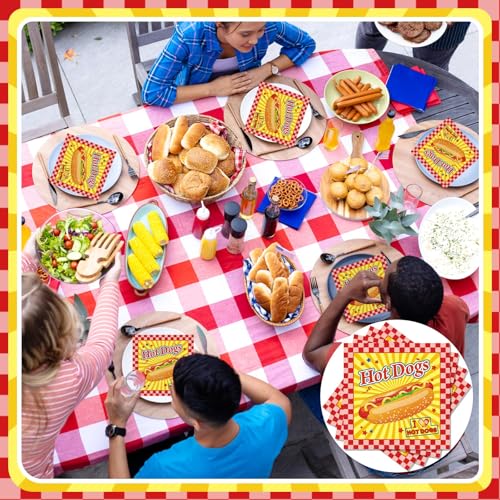 Gueevin 100 Pack Hot Dog Napkins – 13x13 Inches, Food-Grade Paper, Retro American Theme for Birthday BBQ Picnic