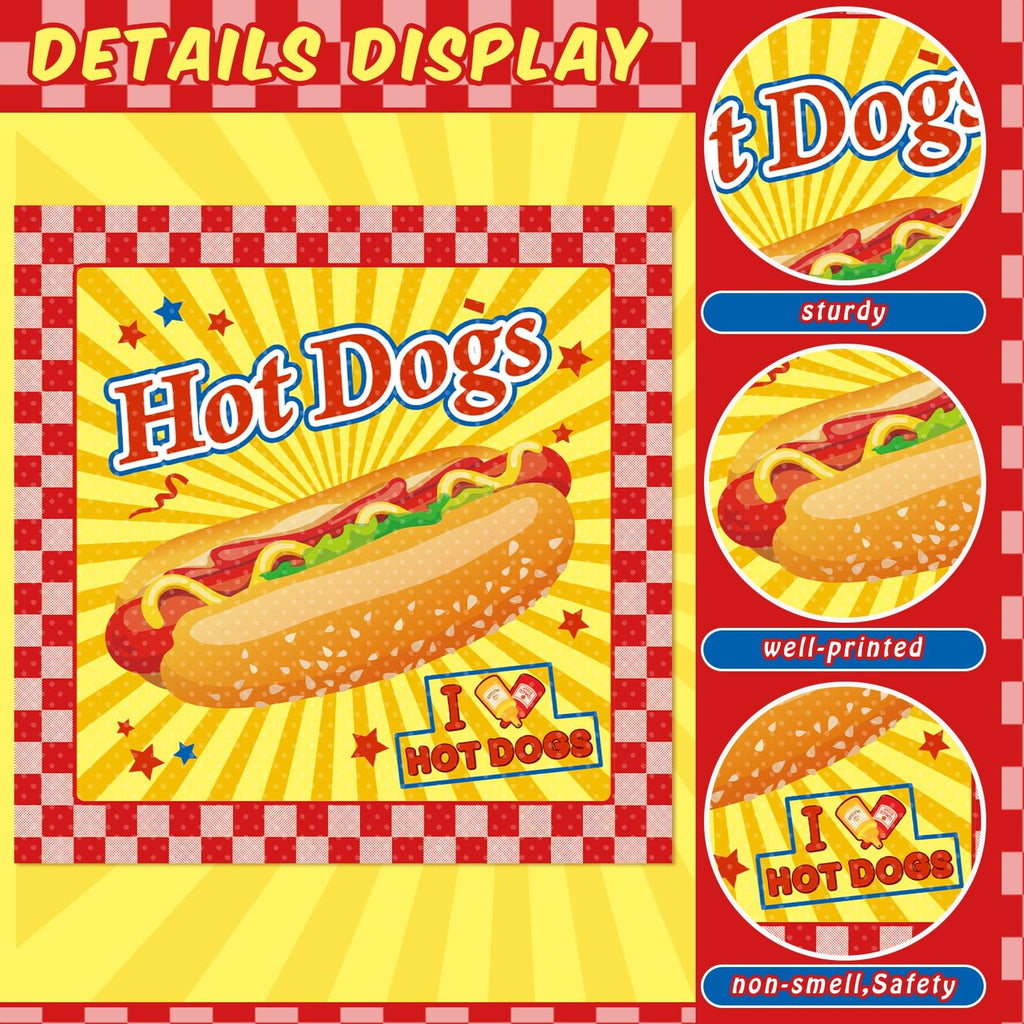 Gueevin 100 Pack Hot Dog Napkins – 13x13 Inches, Food-Grade Paper, Retro American Theme for Birthday BBQ Picnic