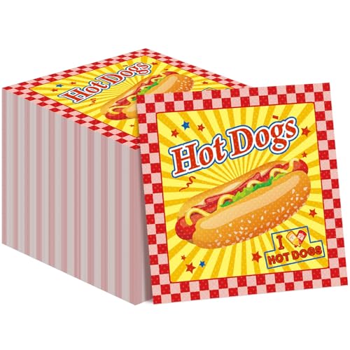 Gueevin 100 Pack Hot Dog Napkins – 13x13 Inches, Food-Grade Paper, Retro American Theme for Birthday BBQ Picnic