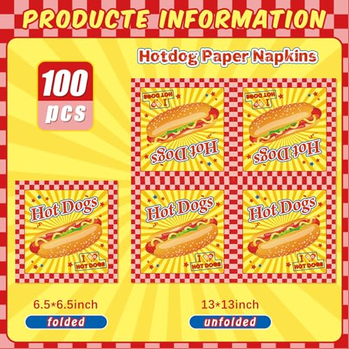 Gueevin 100 Pack Hot Dog Napkins – 13x13 Inches, Food-Grade Paper, Retro American Theme for Birthday BBQ Picnic