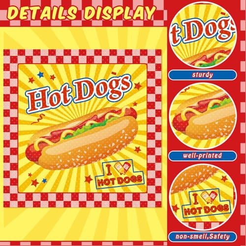 Gueevin 100 Pack Hot Dog Napkins – 13x13 Inches, Food-Grade Paper, Retro American Theme for Birthday BBQ Picnic