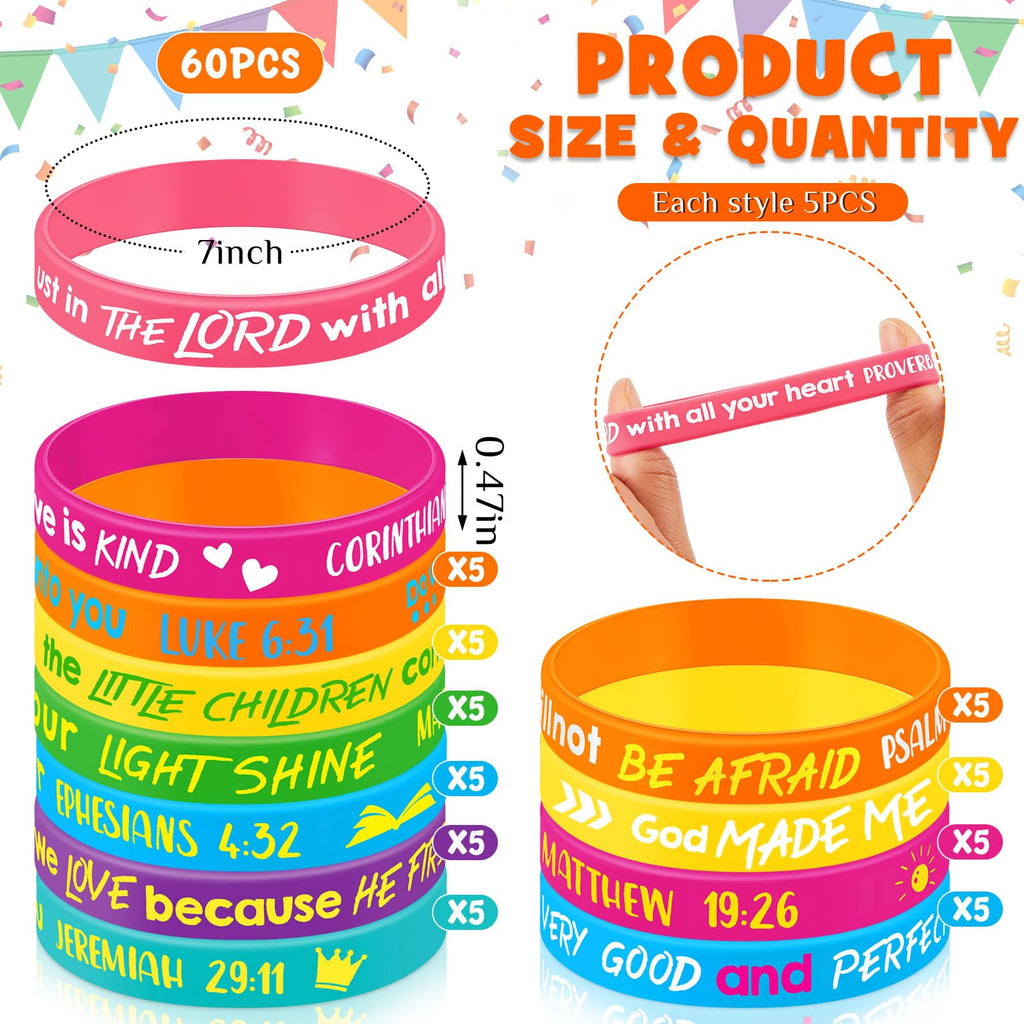 Gueevin 60 Pcs Bible Verse Bracelets for Kids – Christian Scripture Wristbands, Classic Color