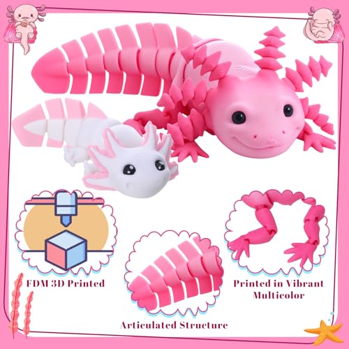 Guiqulai 3D Printed Axolotl Figures 2-Pack: Pink & White Articulating Fidget Toys for Desk Decor