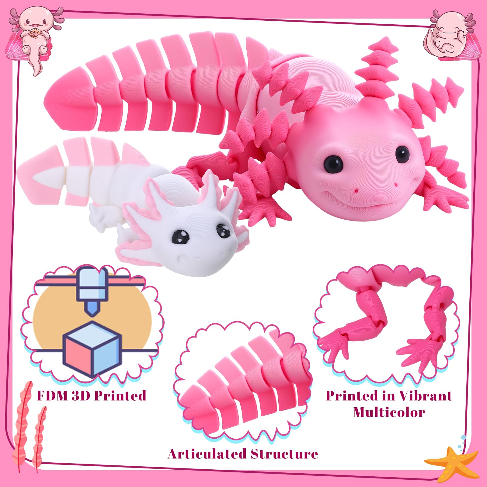 Guiqulai 3D Printed Axolotl Figures 2-Pack: Pink & White Articulating Fidget Toys for Desk Decor