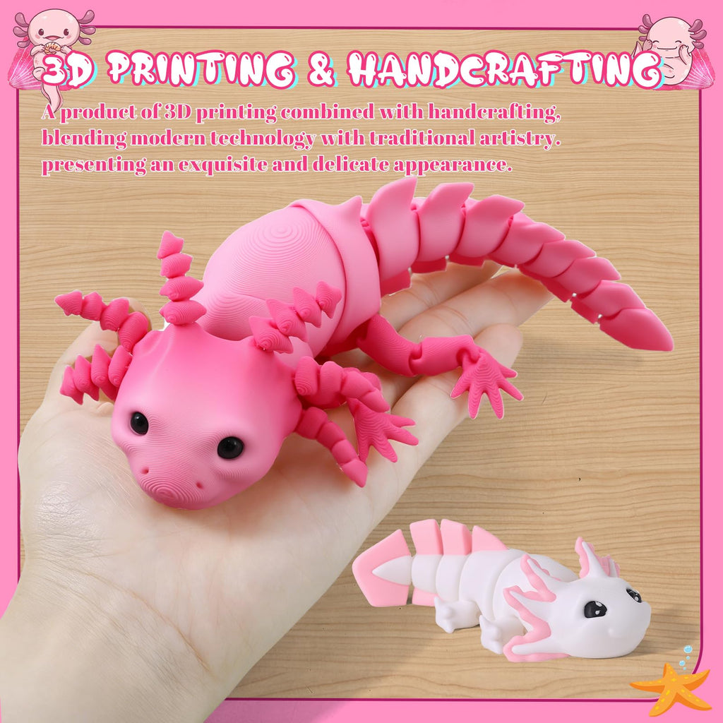 Guiqulai 3D Printed Axolotl Figures 2-Pack: Pink & White Articulating Fidget Toys for Desk Decor