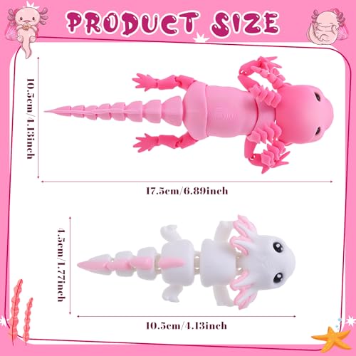 Guiqulai 3D Printed Axolotl Figures 2-Pack: Pink & White Articulating Fidget Toys for Desk Decor