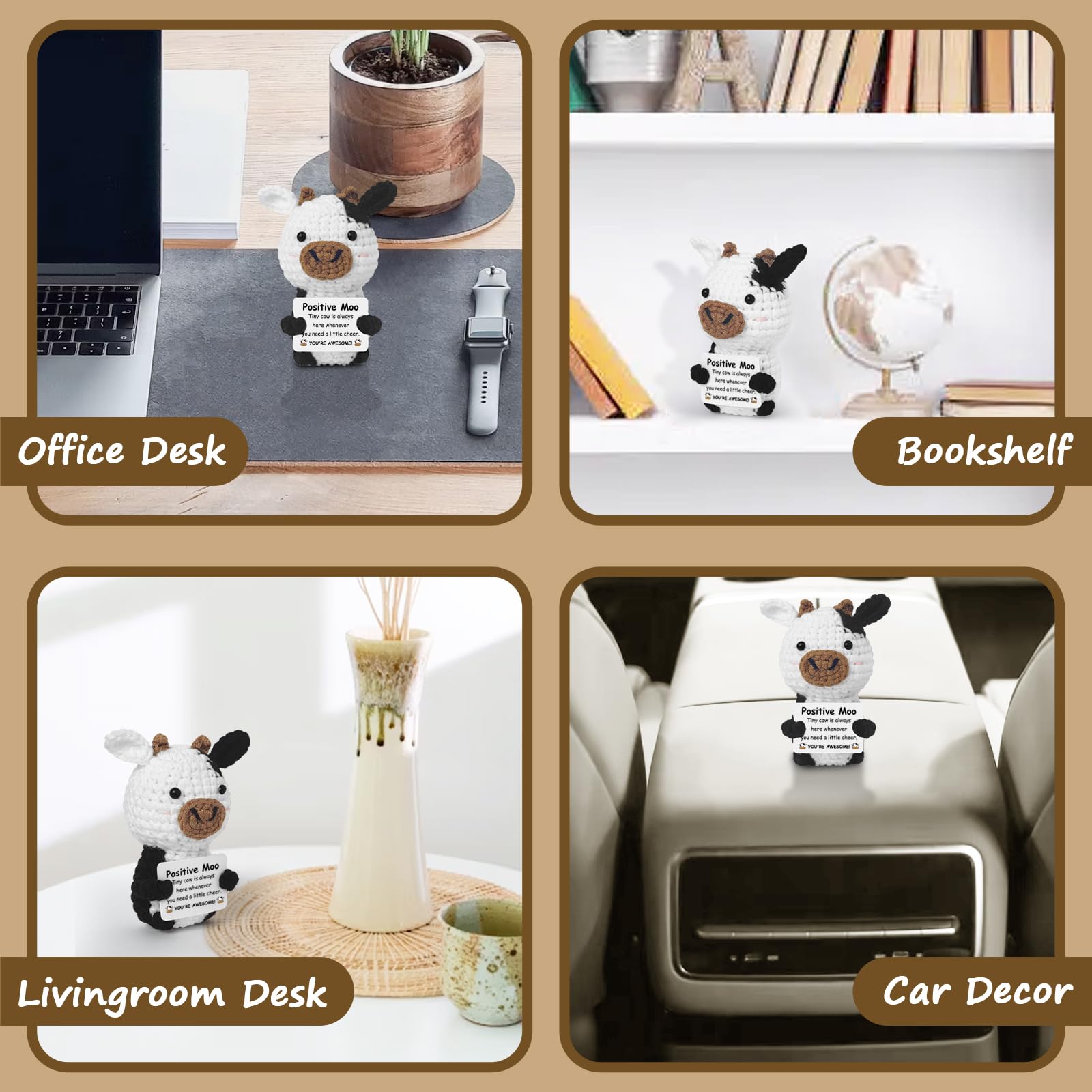 Guokoko Handmade Mini Crochet Cow Plush with Motivational Card – Emotional Support Gift for Friends, Coworkers
