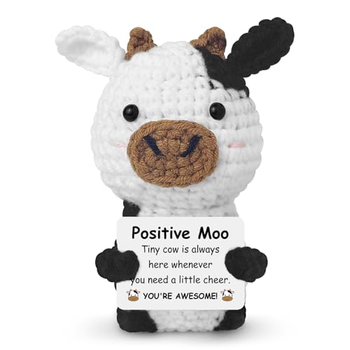 Guokoko Handmade Mini Crochet Cow Plush with Motivational Card – Emotional Support Gift for Friends, Coworkers