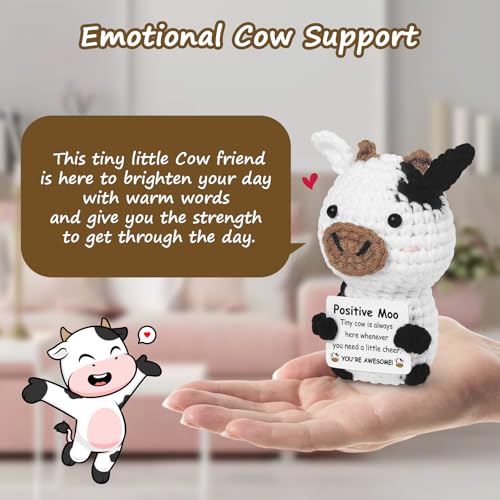 Guokoko Handmade Mini Crochet Cow Plush with Motivational Card – Emotional Support Gift for Friends, Coworkers