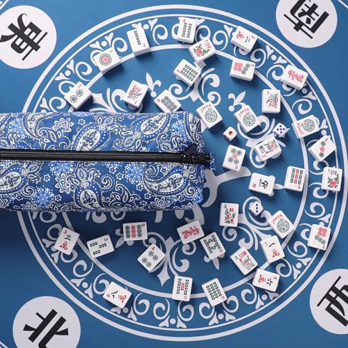GUSTARIA Empty Mahjong Tile Bag – Thickened Blue Printed Carrying Case for 1.2 Inch Standard American Tiles
