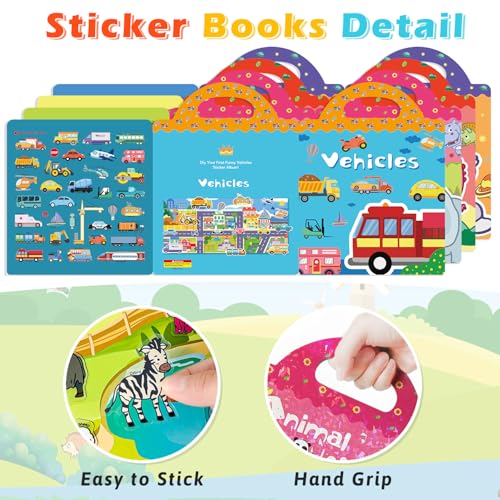 GUYUCOM Jelly Sticker Books 4-Pack: Reusable Animal, Dinosaur, Space & Vehicle Stickers for Toddlers (Ages 3-12)