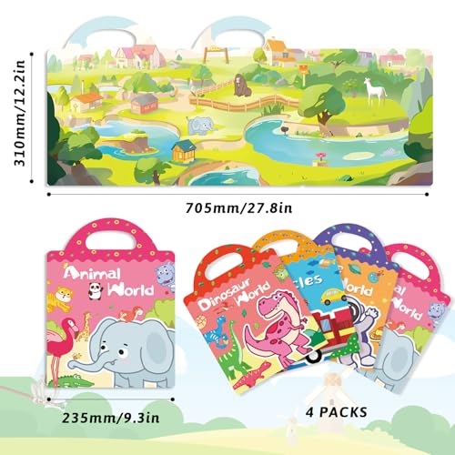 GUYUCOM Jelly Sticker Books 4-Pack: Reusable Animal, Dinosaur, Space & Vehicle Stickers for Toddlers (Ages 3-12)