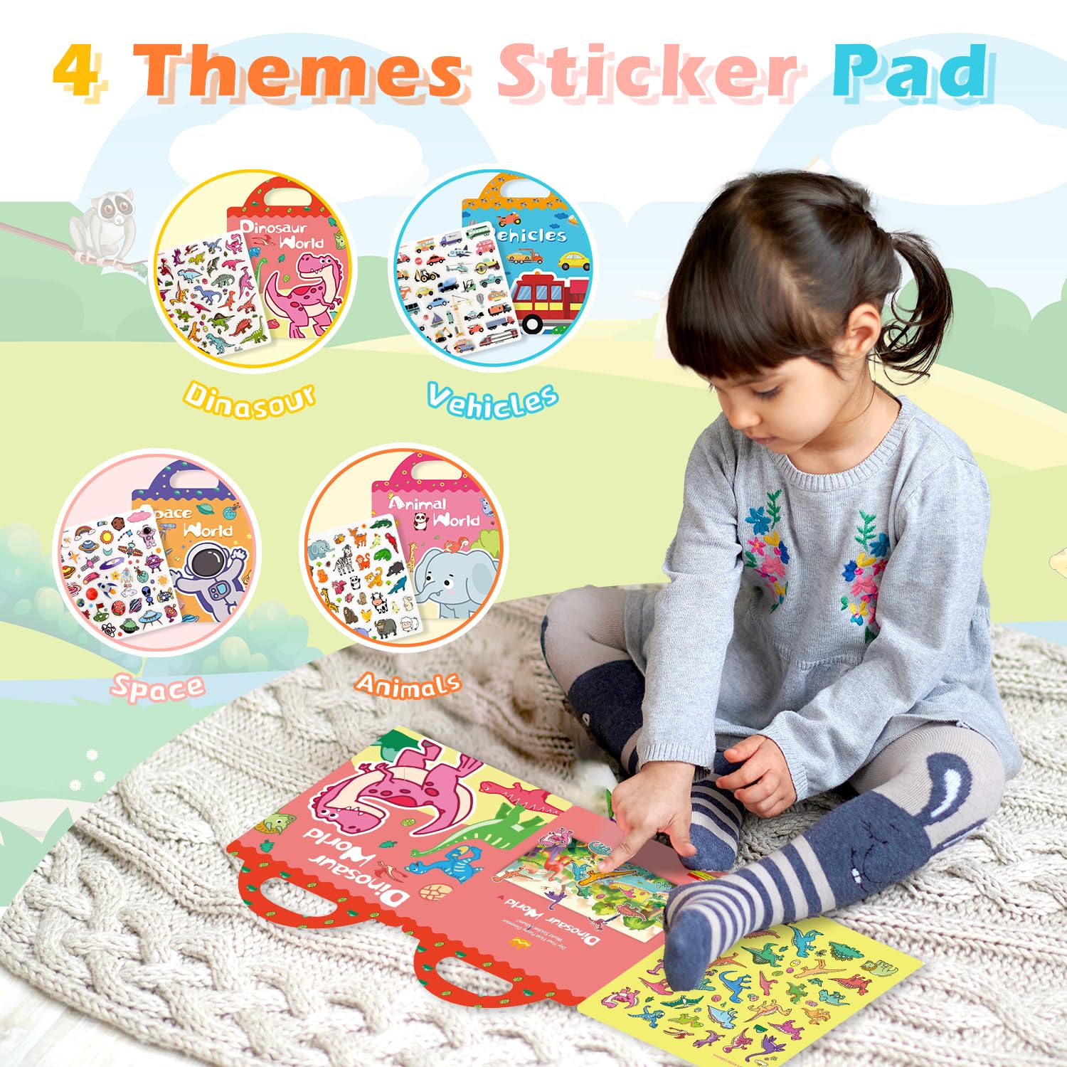 GUYUCOM Jelly Sticker Books 4-Pack: Reusable Animal, Dinosaur, Space & Vehicle Stickers for Toddlers (Ages 3-12)