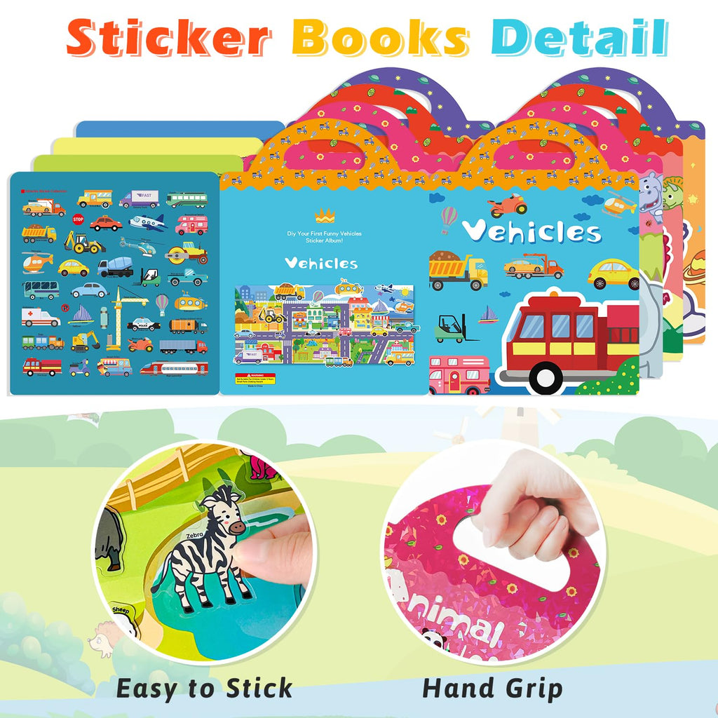 GUYUCOM Jelly Sticker Books 4-Pack: Reusable Animal, Dinosaur, Space & Vehicle Stickers for Toddlers (Ages 3-12)