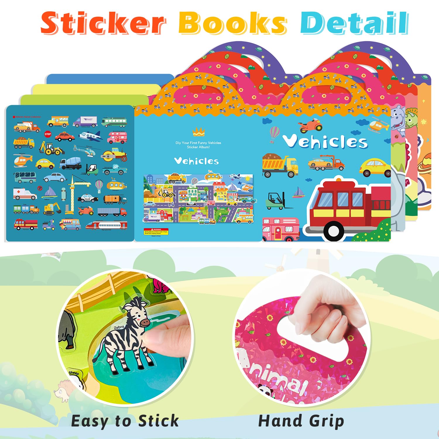 GUYUCOM Jelly Sticker Books 4-Pack: Reusable Animal, Dinosaur, Space & Vehicle Stickers for Toddlers (Ages 3-12)