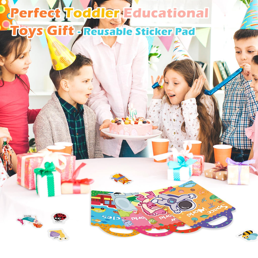 GUYUCOM Jelly Sticker Books 4-Pack: Reusable Animal, Dinosaur, Space & Vehicle Stickers for Toddlers (Ages 3-12)
