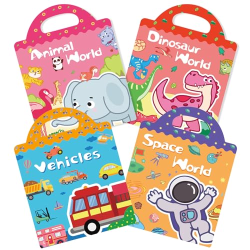 GUYUCOM Jelly Sticker Books 4-Pack: Reusable Animal, Dinosaur, Space & Vehicle Stickers for Toddlers (Ages 3-12)