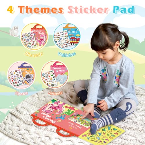 GUYUCOM Jelly Sticker Books 4-Pack: Reusable Animal, Dinosaur, Space & Vehicle Stickers for Toddlers (Ages 3-12)