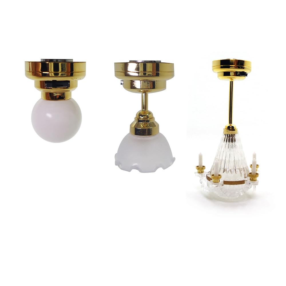 Gxsterd 1/12 Scale Miniature Chandeliers with LED Ceiling Lights - 3-Piece Dollhouse Lighting Set