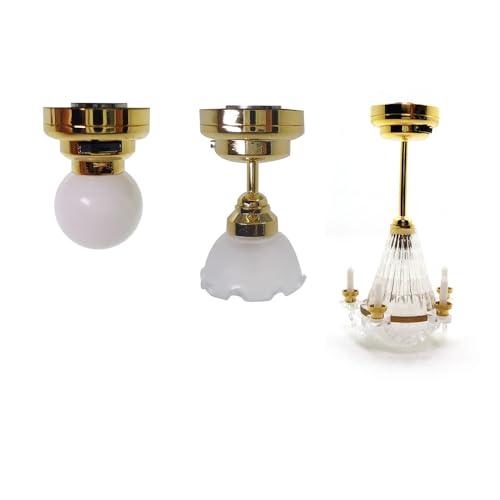 Gxsterd 1/12 Scale Miniature Chandeliers with LED Ceiling Lights - 3-Piece Dollhouse Lighting Set