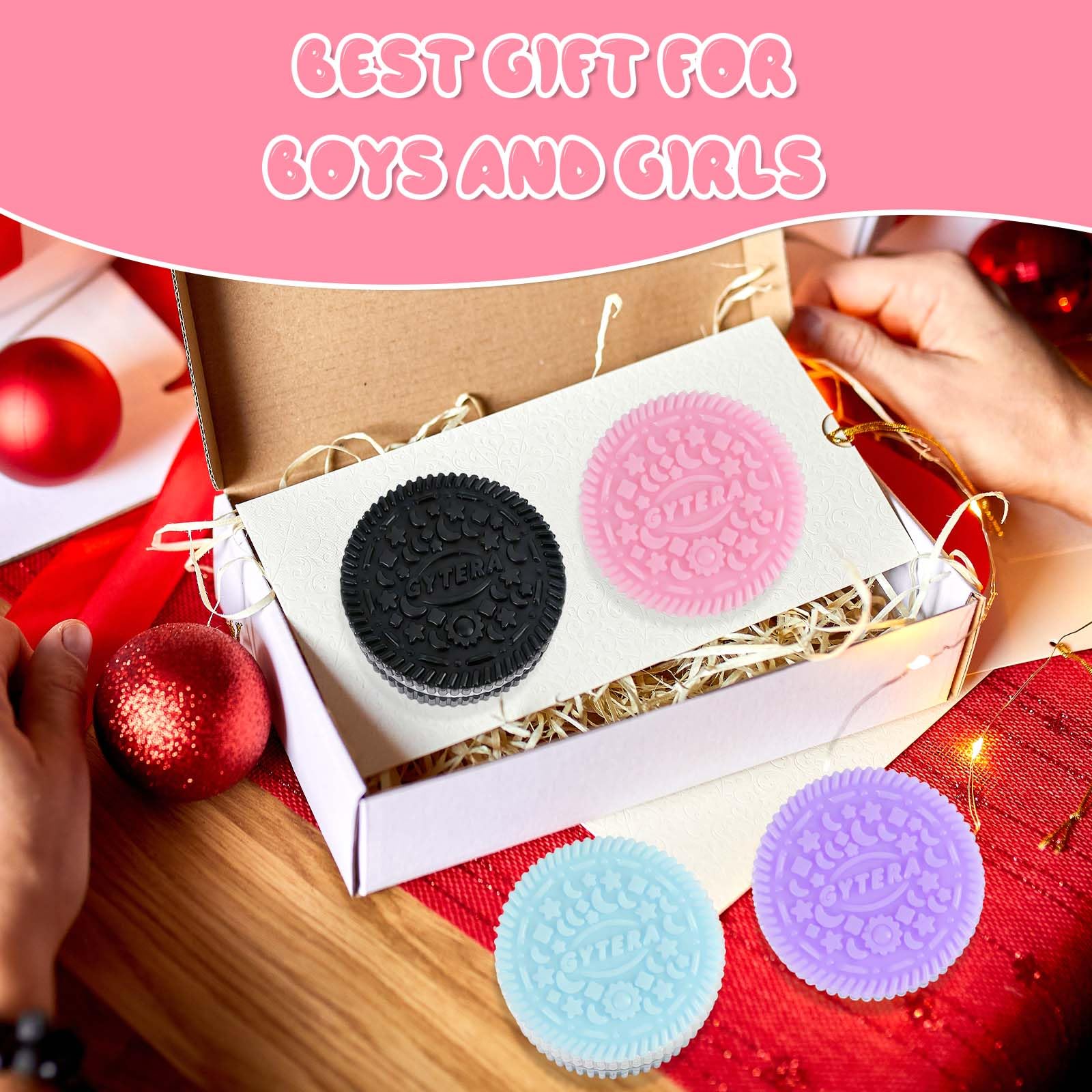 Gytera Sticky Cookie Squishies 4-Pack: Fidget Toys for Stress Relief in Pink, Black, Blue, Purple