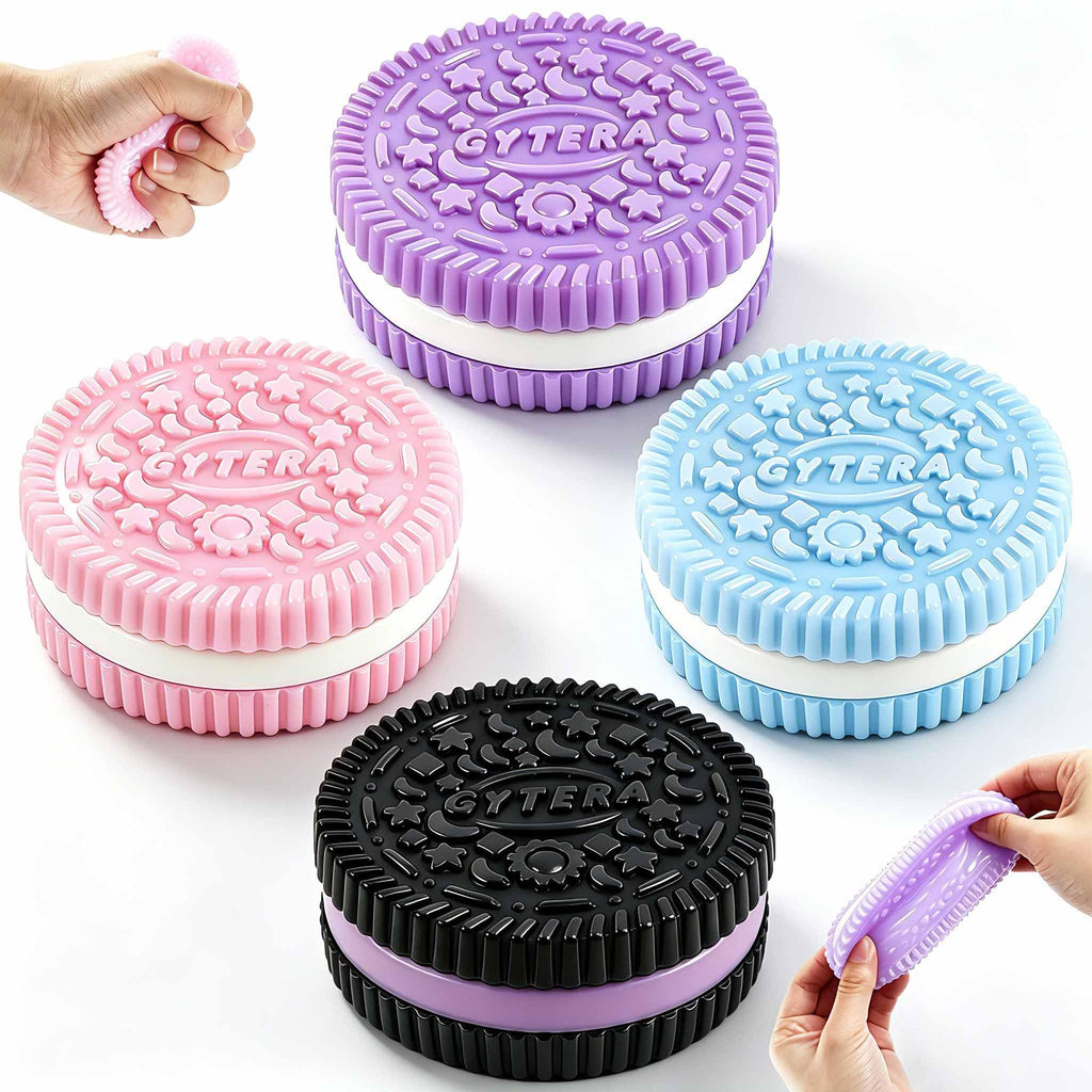 Gytera Sticky Cookie Squishies 4-Pack: Fidget Toys for Stress Relief in Pink, Black, Blue, Purple