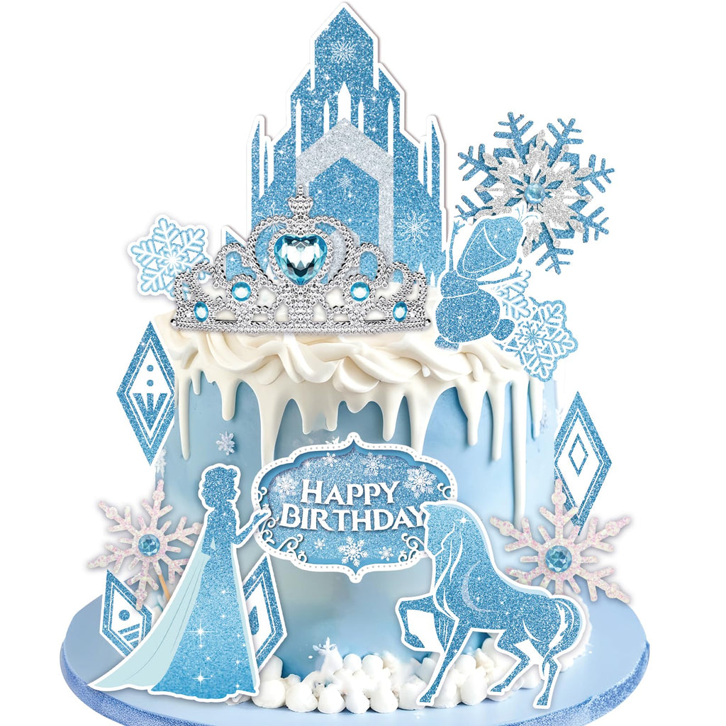 GZDUCK Ice Princess Cake Toppers – 16 Piece Snow Theme Set with Castle, Crown, Snowflakes for Girls Parties