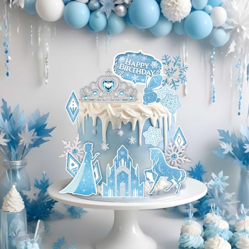GZDUCK Ice Princess Cake Toppers – 16 Piece Snow Theme Set with Castle, Crown, Snowflakes for Girls Parties