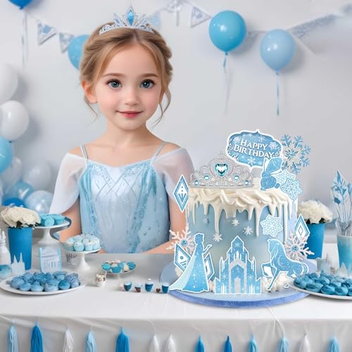 GZDUCK Ice Princess Cake Toppers – 16 Piece Snow Theme Set with Castle, Crown, Snowflakes for Girls Parties